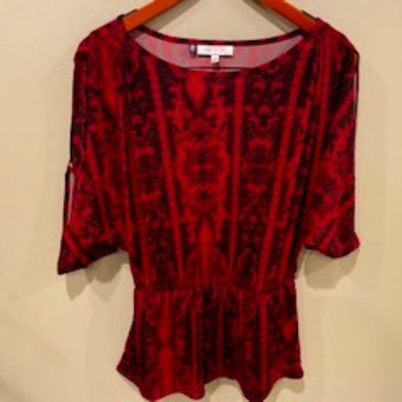 JENNIFER LOPEZ BLACK/RED CINCH WAIST TOP - Picture 2 of 8